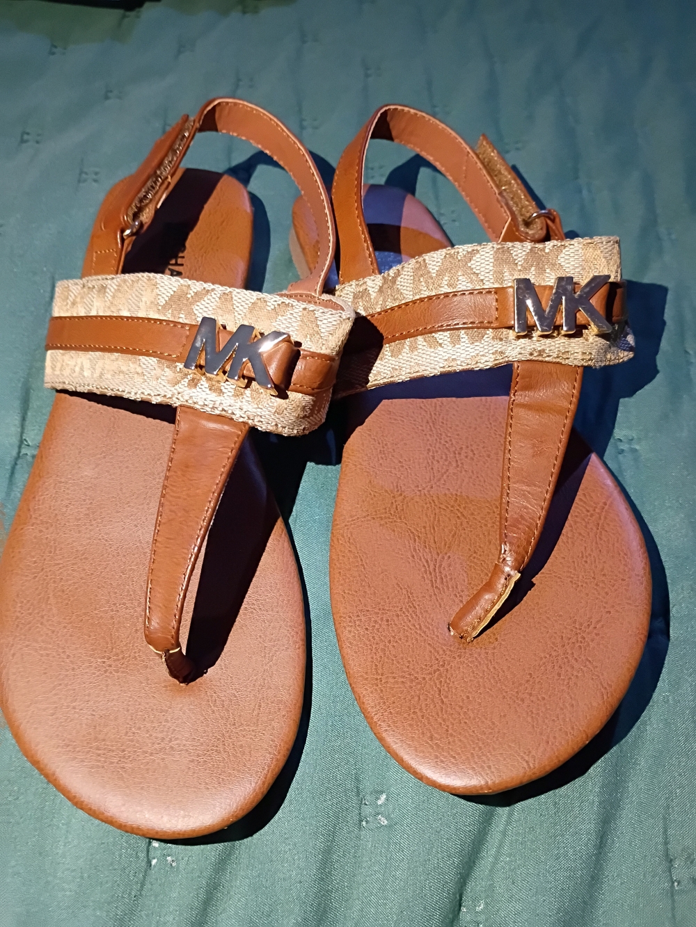 Michael Kors Tan & Beige MK Logo T-Strap Sandals